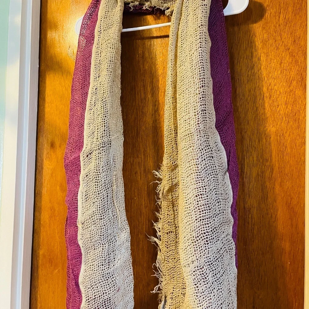 Coveri Linen Gauze Scarf Raw Fringe Boho Wrap Beige Purple Lightweight